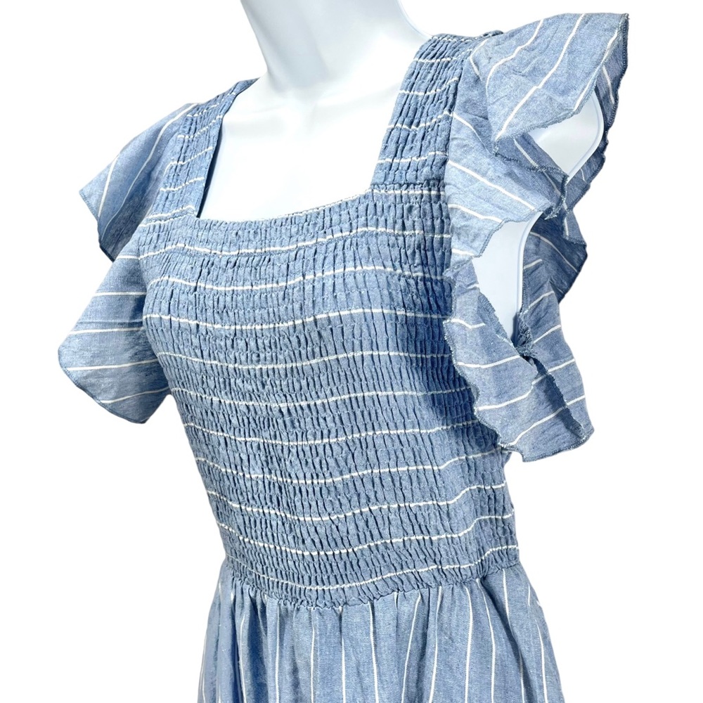 Simplee Linen Striped Smock Midi Dress‎ w/ Ruffled Cap Sleeve & 2 Pockets - Picture 5 of 9